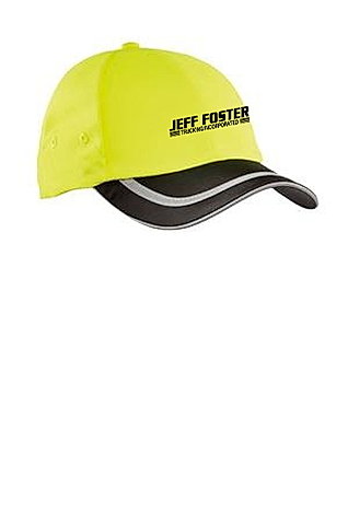 A yellow and black baseball cap with the word jeff foster embroidered on it.