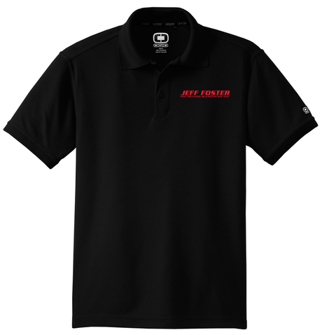 A black polo shirt with the name jeff foster on it