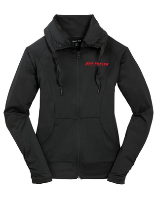 A black jacket with red lettering on the front