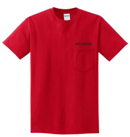 A red t-shirt with a pocket on the front