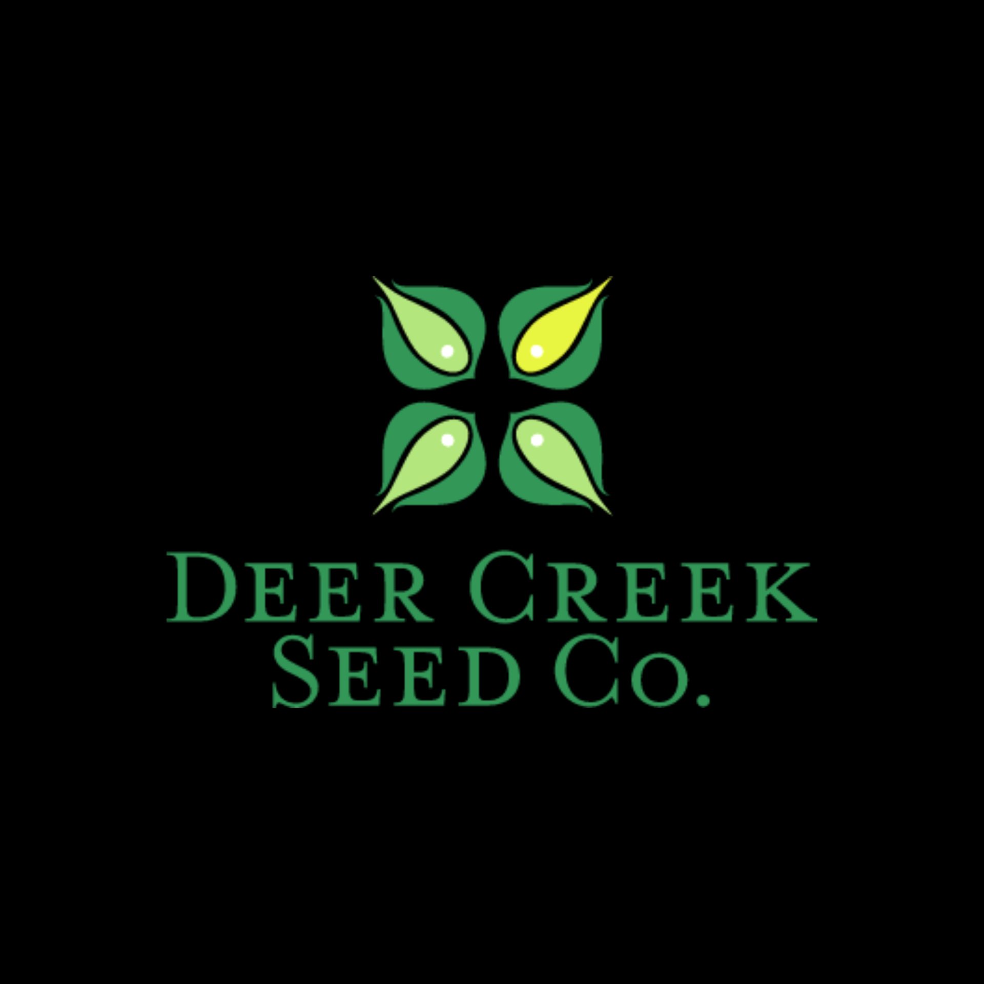 A logo for deer creek seed co. with green leaves on a black background