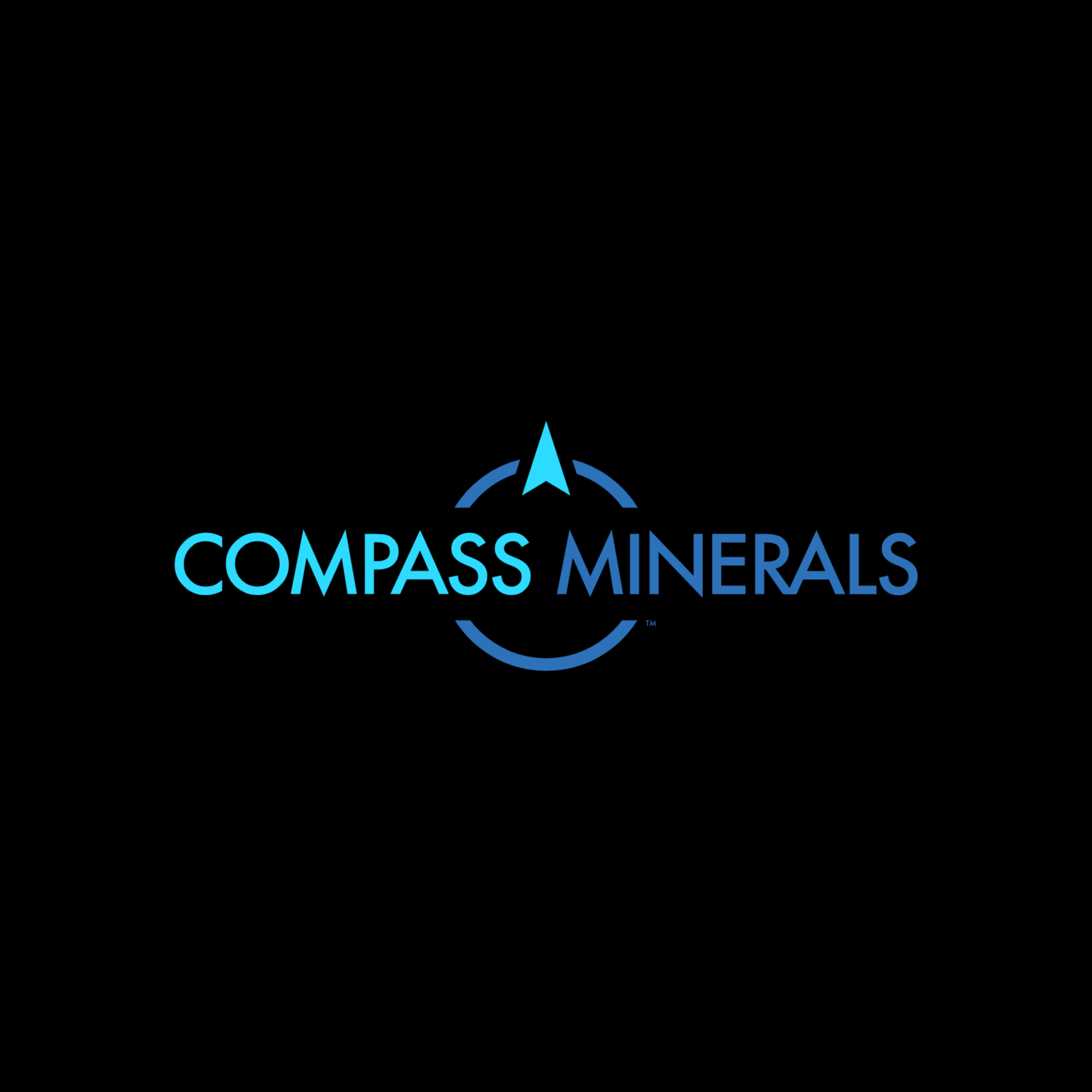 The logo for compass minerals is blue and white on a black background.