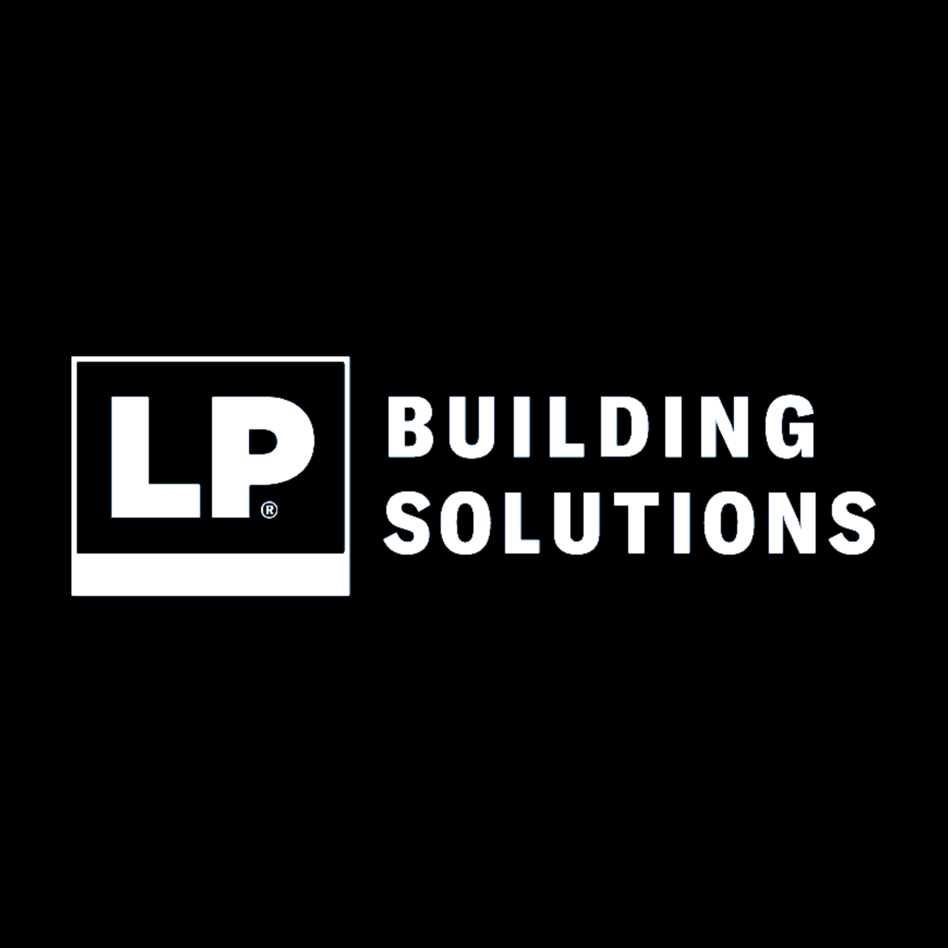 The logo for lp building solutions is white on a black background.