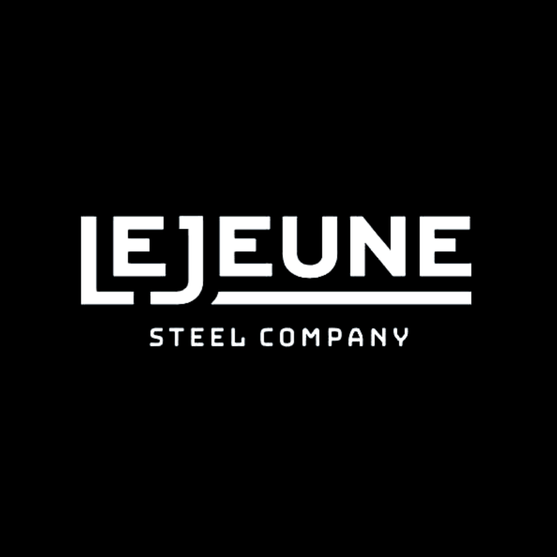 The logo for lejeune steel company is white on a black background.