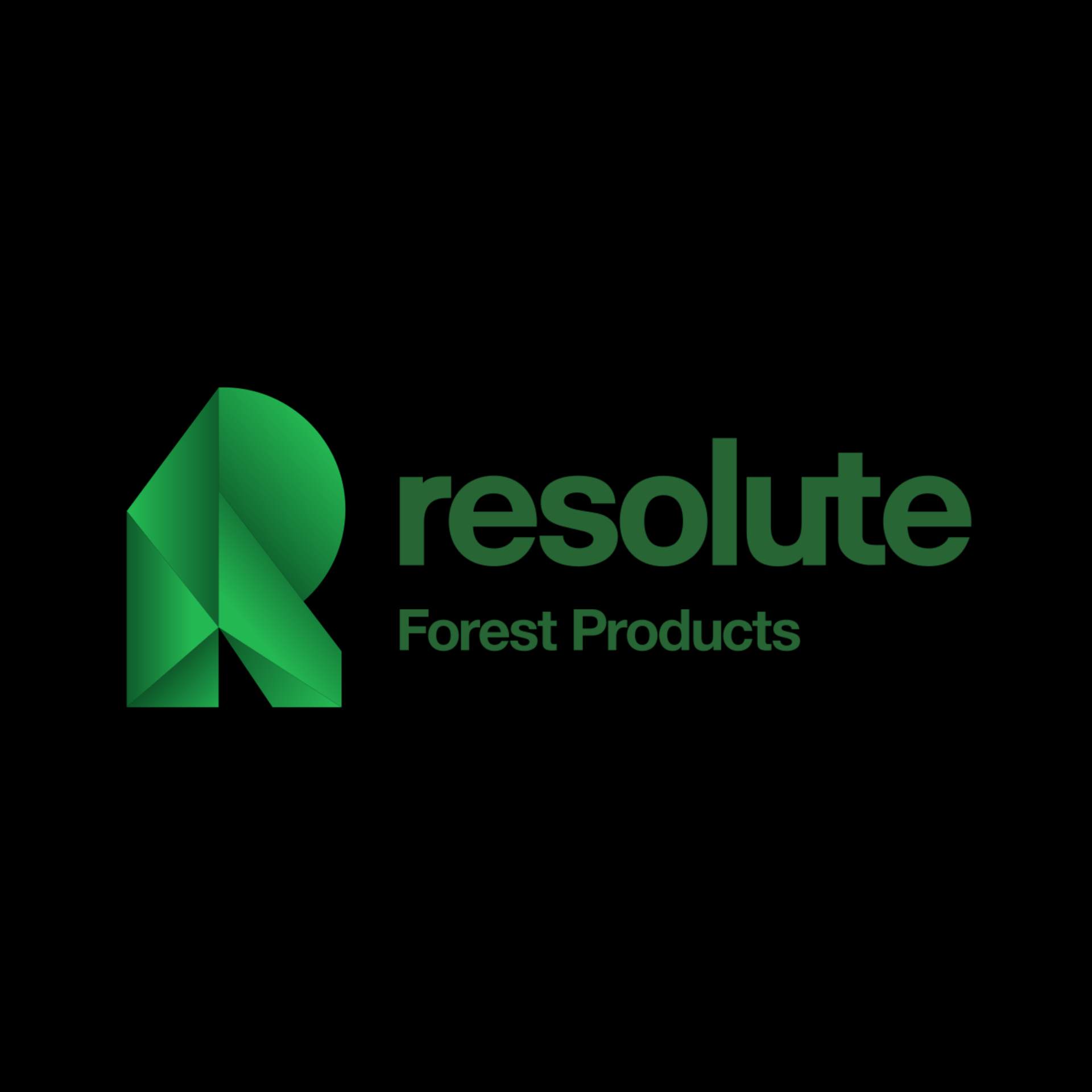The logo for resolute forest products is green on a black background.
