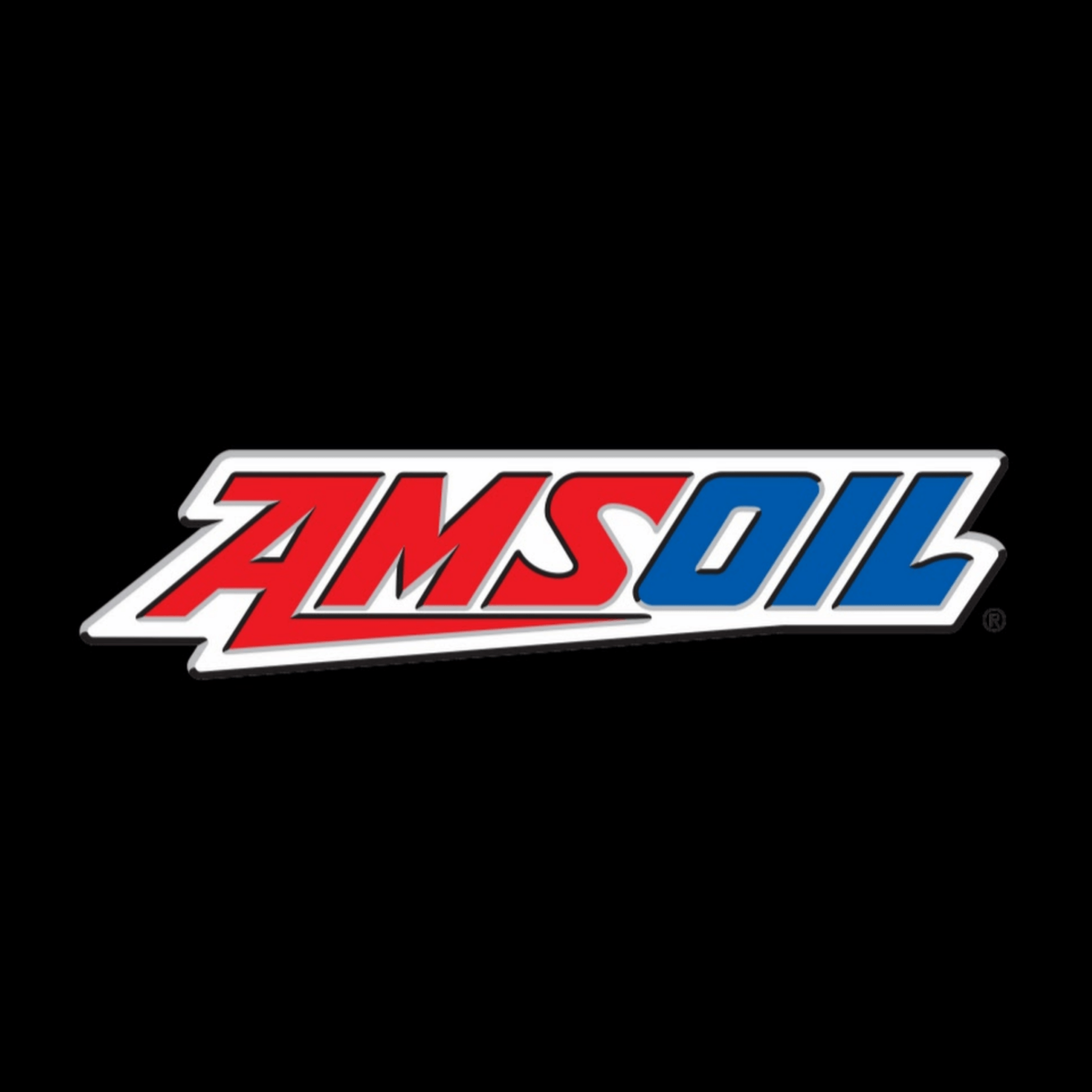 The amsoil logo is red , white and blue on a black background.