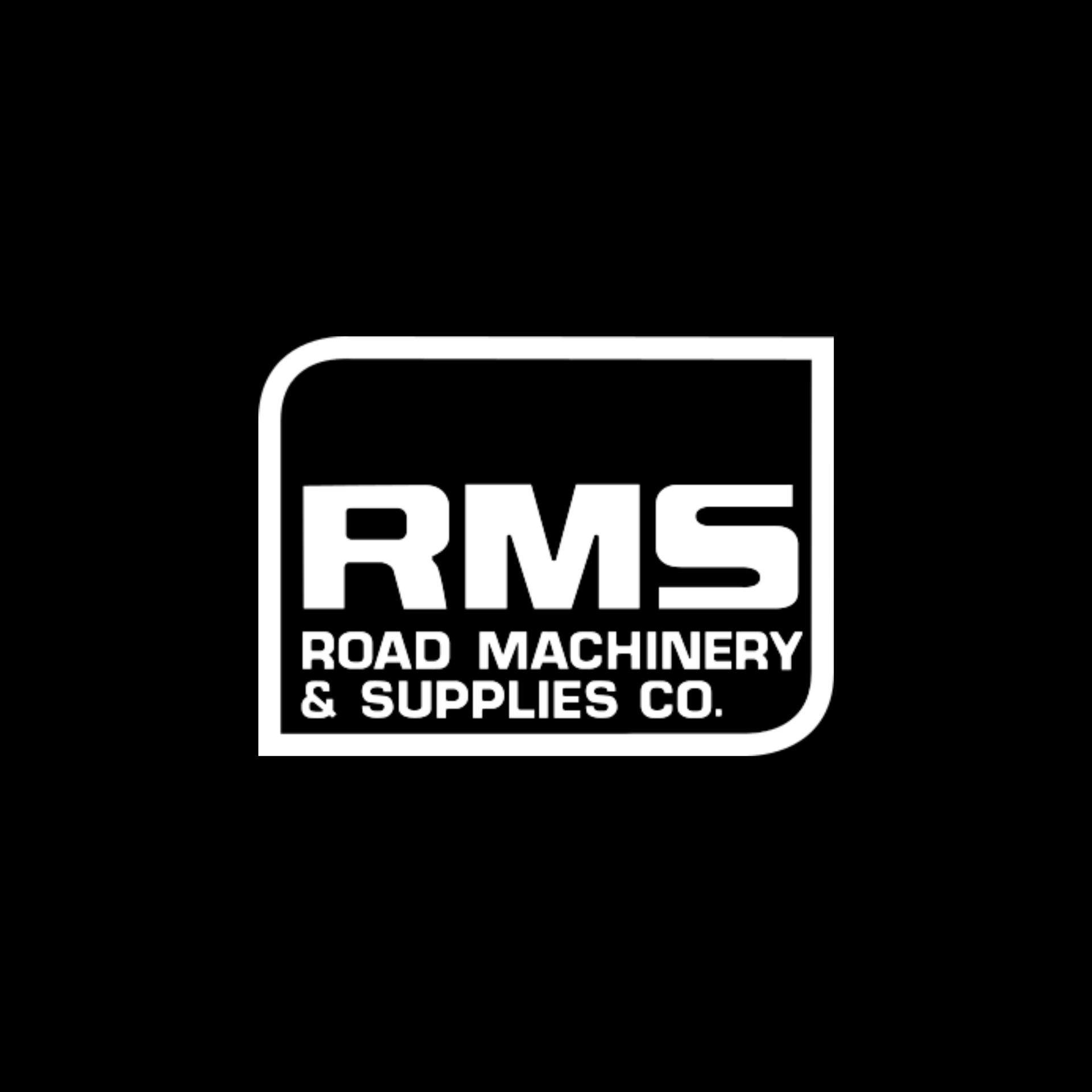 The logo for rms road machinery and supplies co. is white on a black background.