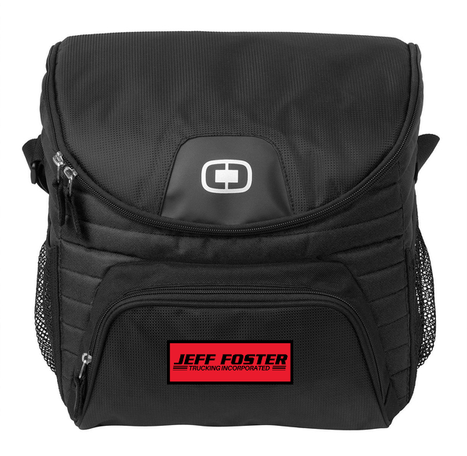 A black backpack with a red label that says jeff foster