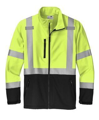 A yellow and black safety jacket with reflective stripes on the sleeves.