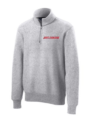 A grey sweatshirt with a red logo on the front