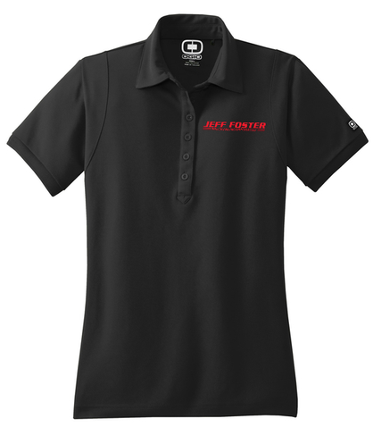 A black polo shirt with a red logo on the front.