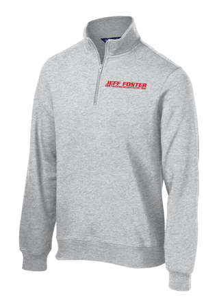 A grey sweatshirt with a red embroidered logo on the front.