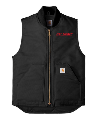 A black carhartt vest with a zipper on the front