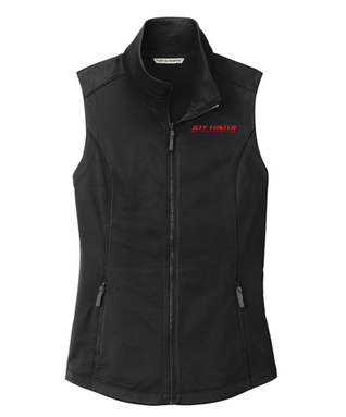 A black vest with red writing on it