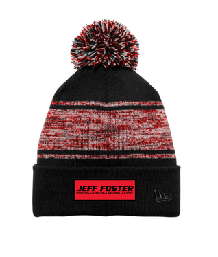 A black and red beanie with the name jeff foster on it