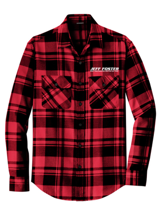 A red and black plaid shirt with the name jeff foster embroidered on it.