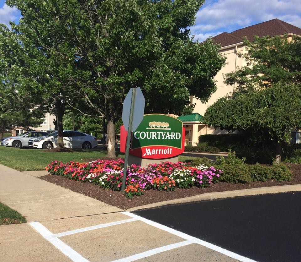 Courtyard by Marriott sign with flower bed, cars, and trees on a sunny day.