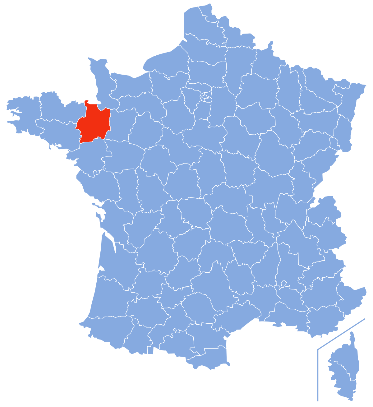 Une carte bleue de la France avec une zone rouge surlignée