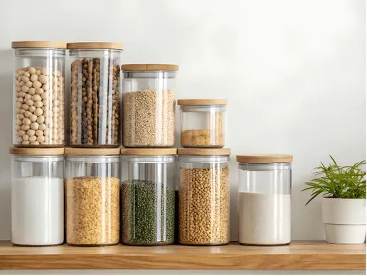 Produits secs mis en bocaux pour éviter une infestation de mites alimentaires dans la cuisine.