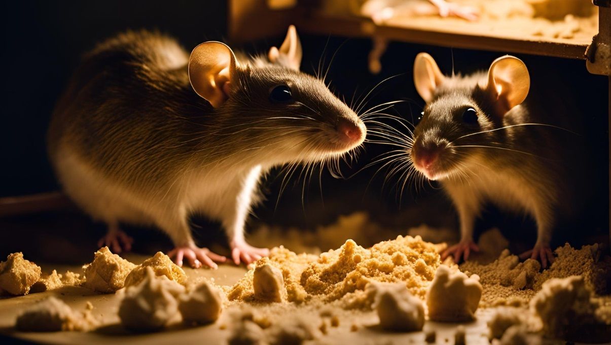 Des rats pillant la nourriture dans les meubles d'une cuisine, se cachant pour ne pas être vus. 