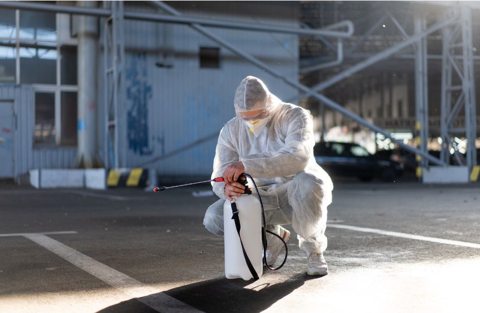 Agent de désinfection en tenue de protection pulvérisant un produit désinfectant sur une surface contaminée par les fientes de pigeons en Bretagne.