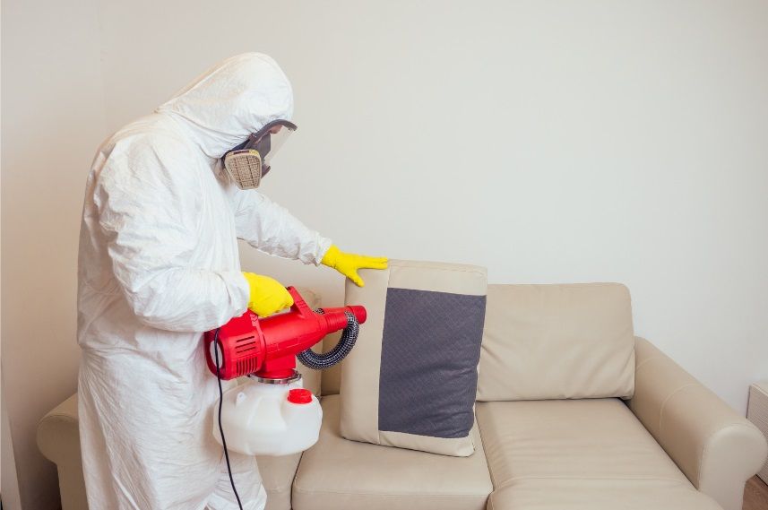 Désinsectiseur professionnel en train de vaporiser de l'insecticide sur un canapé non déhoussable. 