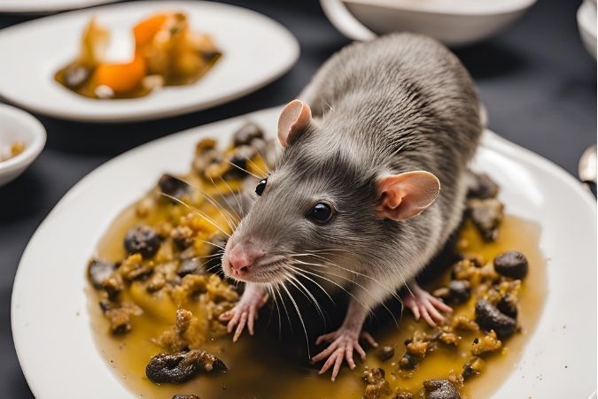 Un rat dans l'assiette d'un restaurant où la nourriture est recouverte de déjections de rongeur. 