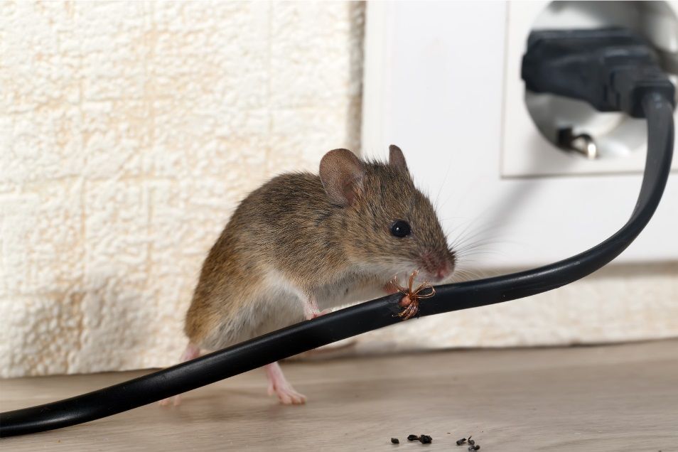 Une souris qui ronge un câble électrique, provoquant des dégâts dans une maison et laissant des déjections. 