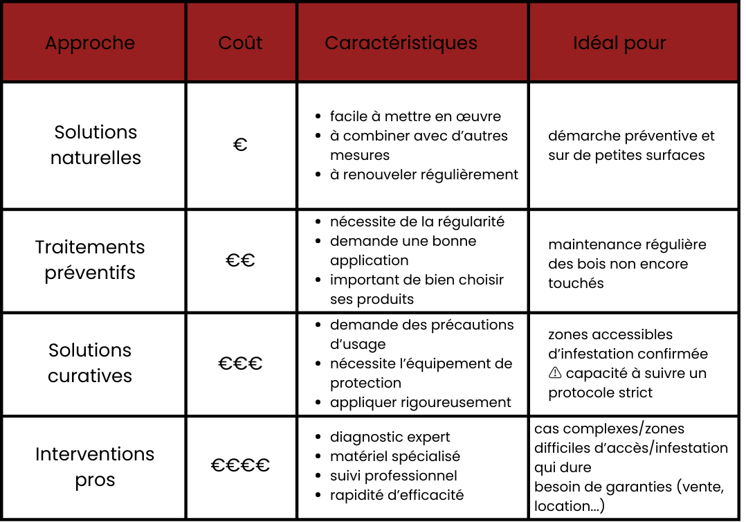 tableau comparatif des différents traitements contre les insectes xylophages : solutions naturelles, curatif, préventif et traitements professionnels