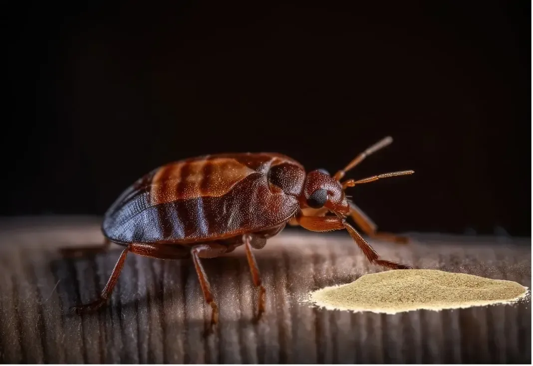 Une punaise de lit face à de la terre de Sommières répandue sur le parquet comme moyen de lutte. 