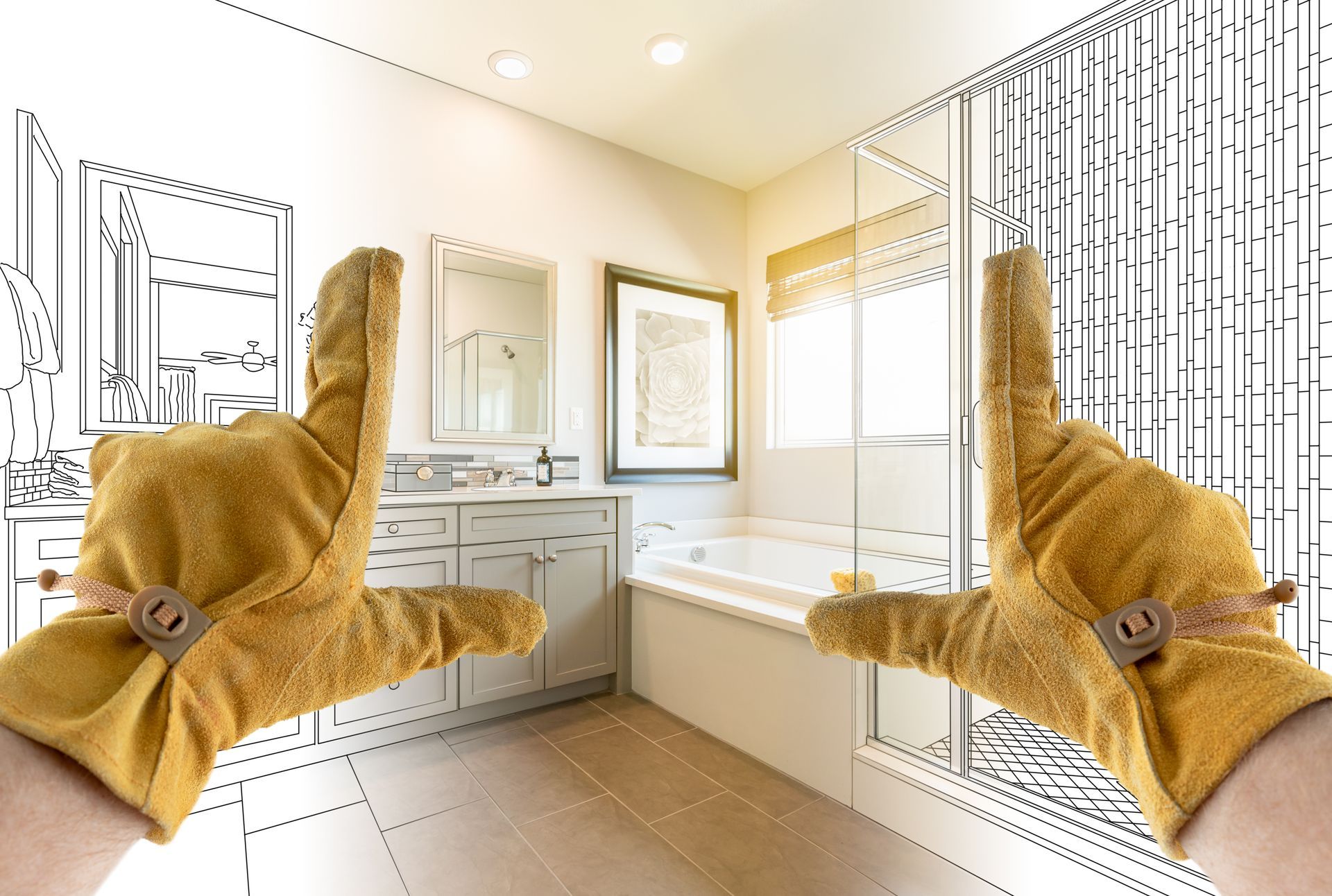 Contractor hands framing completed section of bathroom over bathroom drawing.