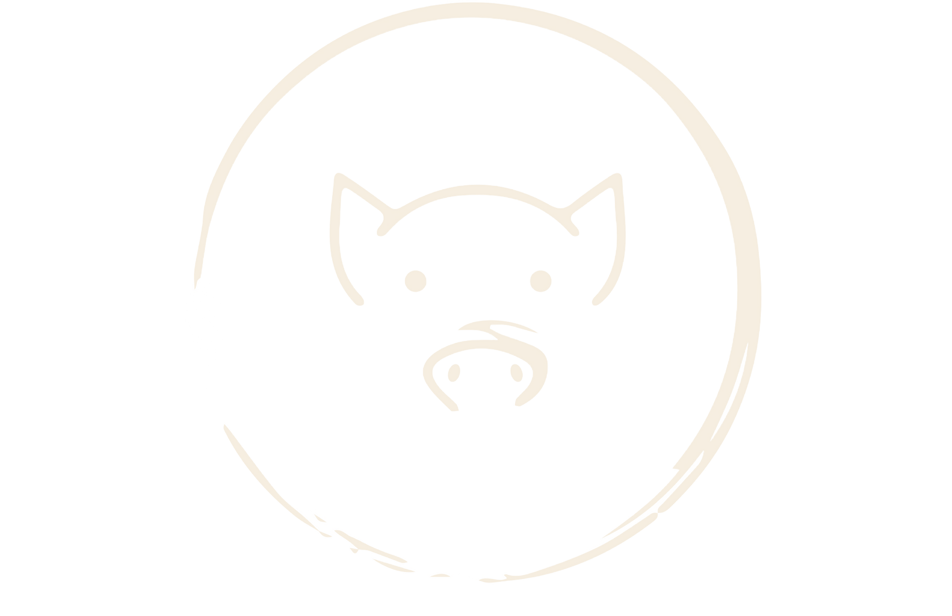 Een lichtbeige, minimalistische lijntekening van een varkensgezicht, gecentreerd binnen een cirkelvormige rand.