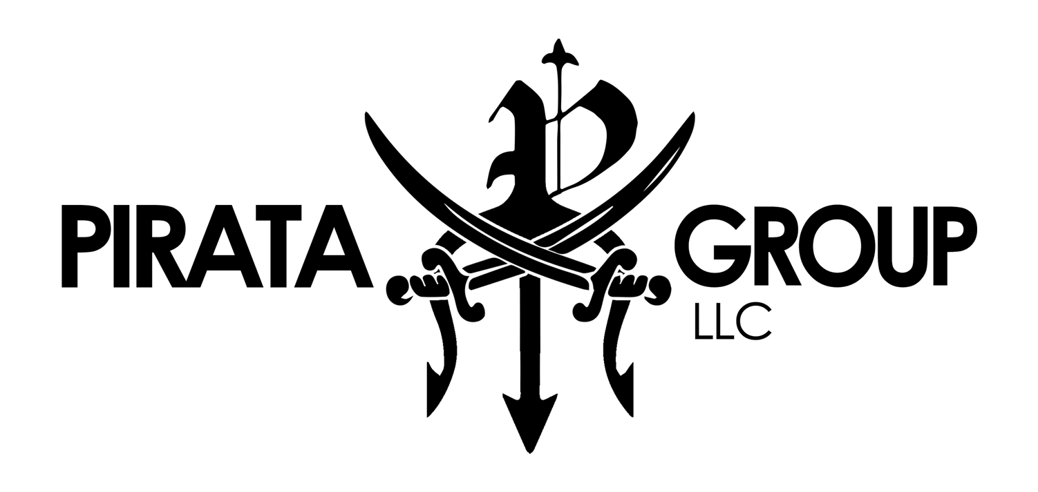 A black and white logo for a company called pirata group llc.