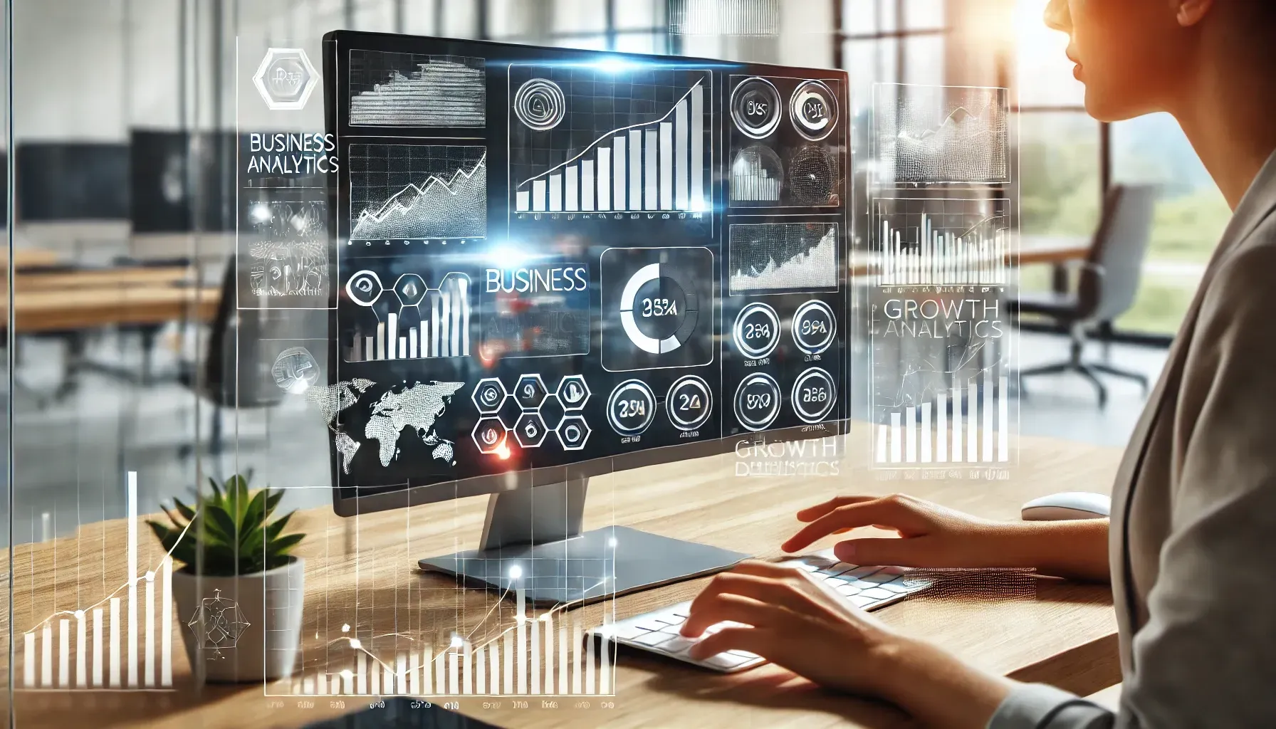 Woman using computer displaying data visualizations in a modern office setting.