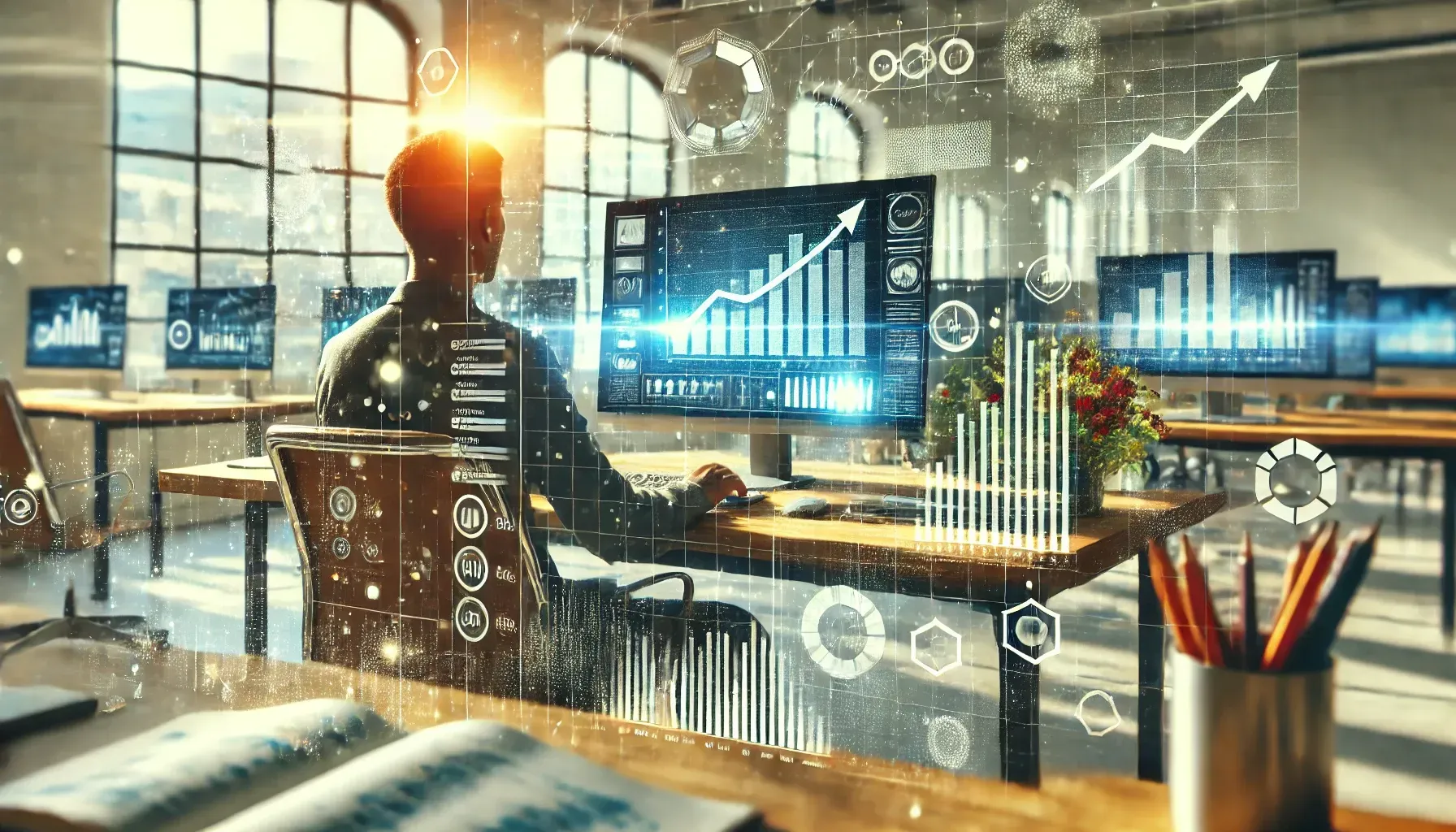 Person analyzing data on computer, office setting. Graphs and charts overlay the scene.