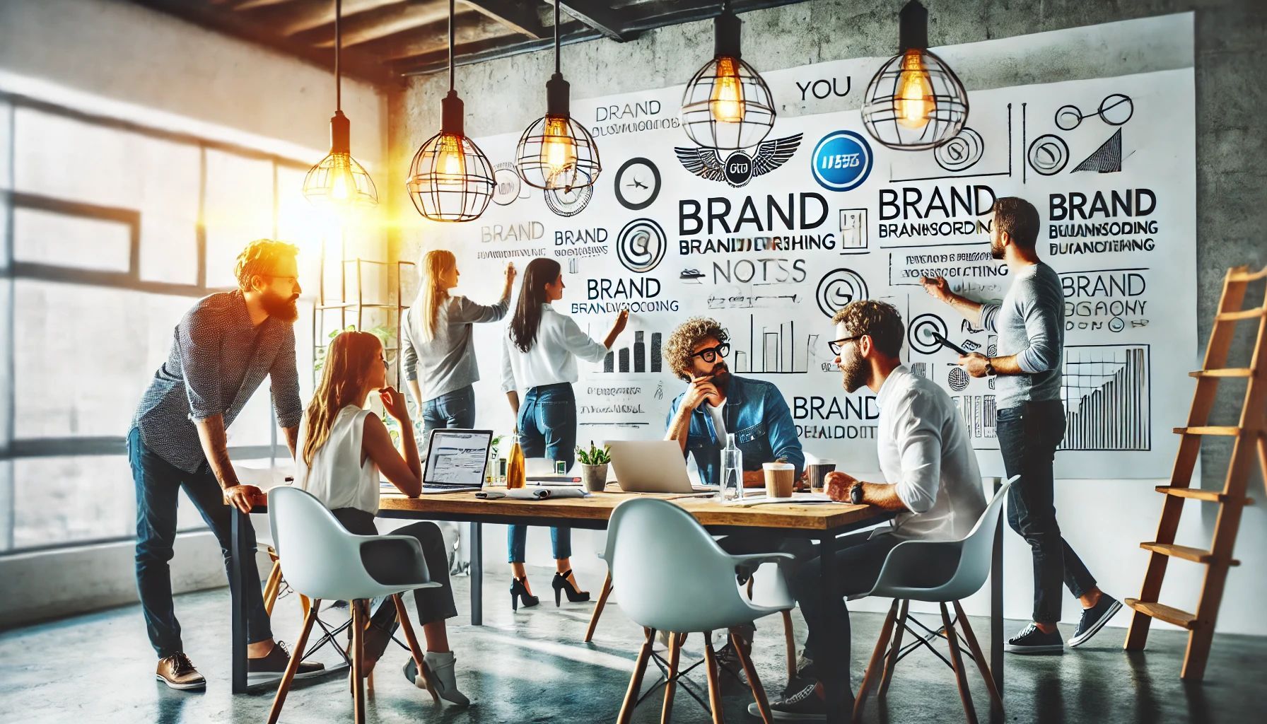 Group of people collaborating around a table in a modern office, brainstorming ideas on a wall with the word 
