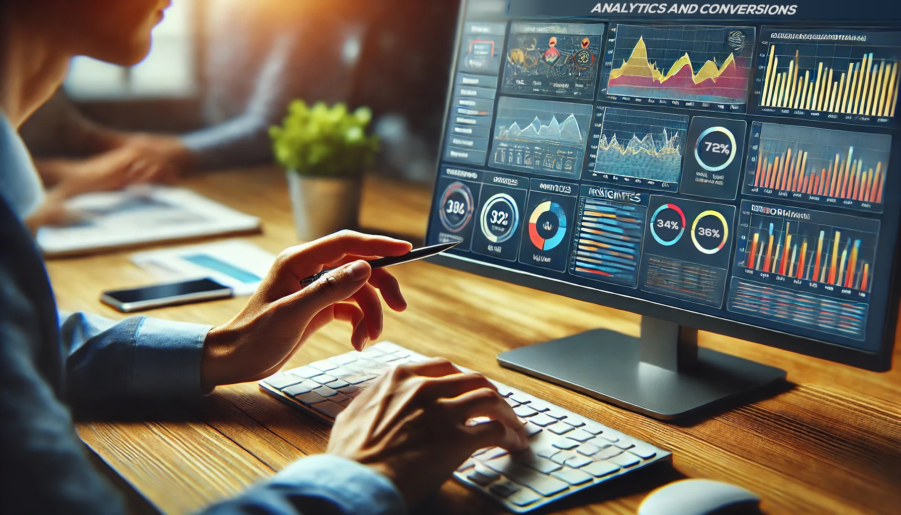 Person typing on keyboard, analyzing data visualizations on a computer screen in an office.