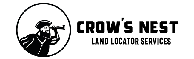 Logo for Crow's Nest Land Locator Services; a circular icon of a man with a telescope, next to the company name.