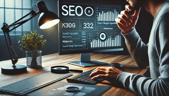 A man is sitting at a desk looking at a computer screen doing SEO.