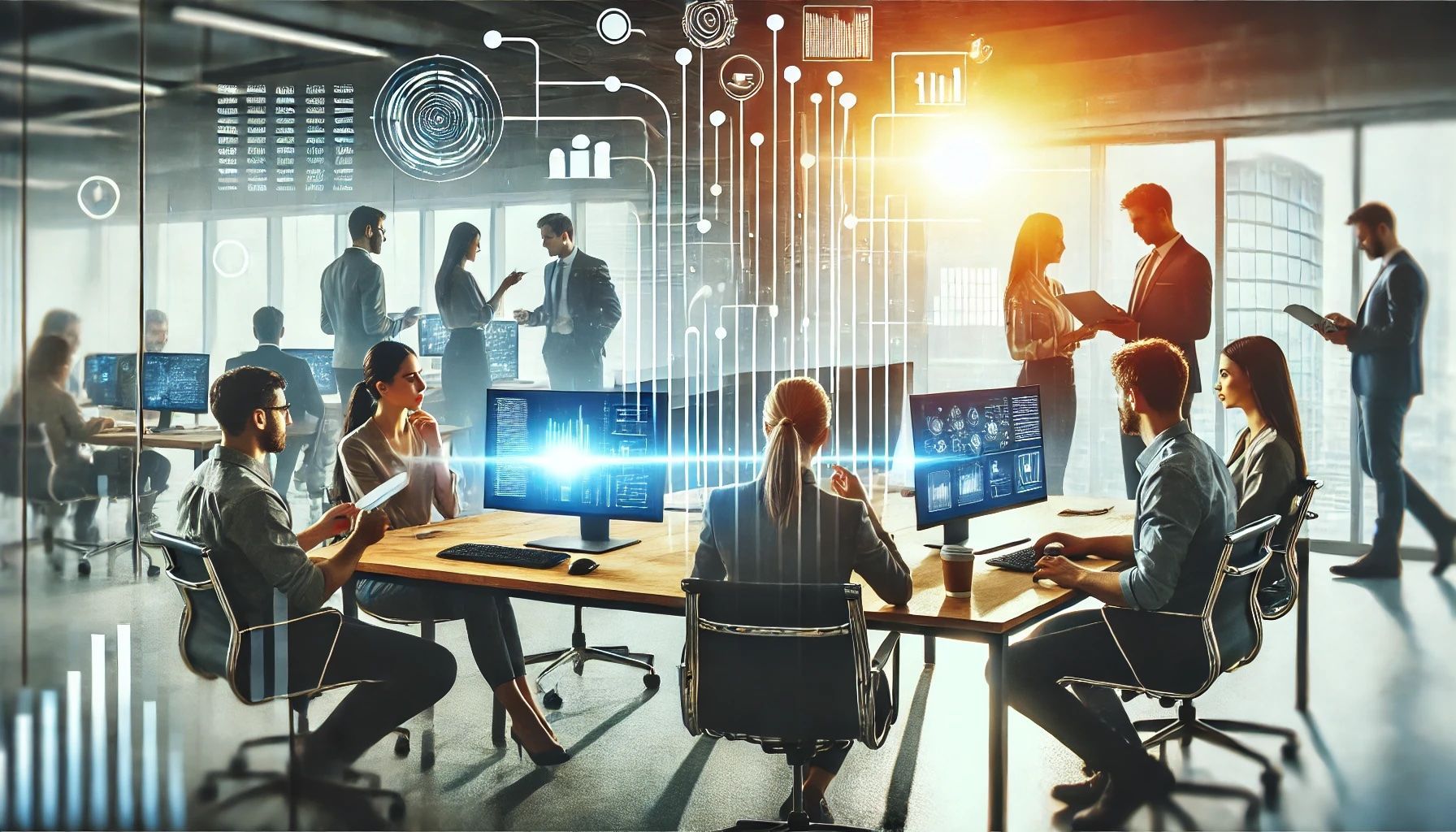 Businesspeople in modern office, working on computers and discussing data visualizations.