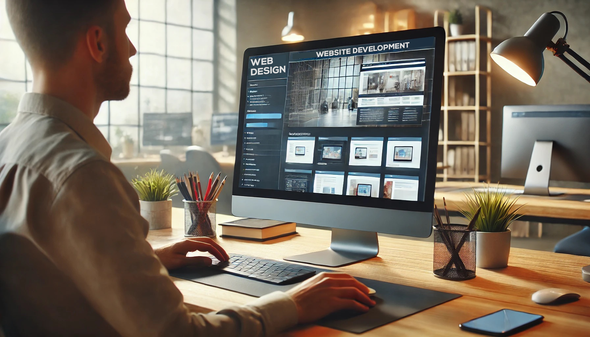 A man is sitting at a desk using a computer for website development