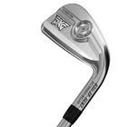 A silver PXG golf iron. The club head has the PXG logo and various markings.