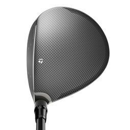 TaylorMade golf club, black and silver, with a black shaft. Head is angled, showing the club face.