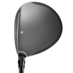 Black and gray TaylorMade Qi10 Max golf driver club. The club head is oriented upwards with a silver face and green accents.