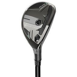 TaylorMade golf club, black and silver hybrid, facing up.