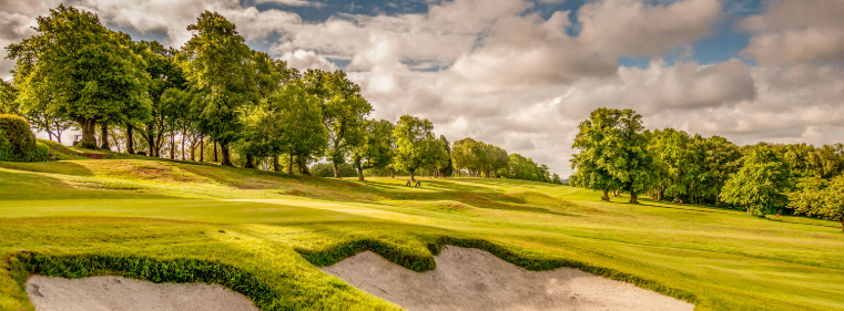 Group of women standing by golf carts on a sunny day at a golf course. Some are holding water bottles and wearing caps. Flags fly in the background.