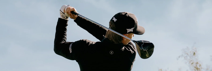 Golf club heads in monochrome against a dark backdrop with text 