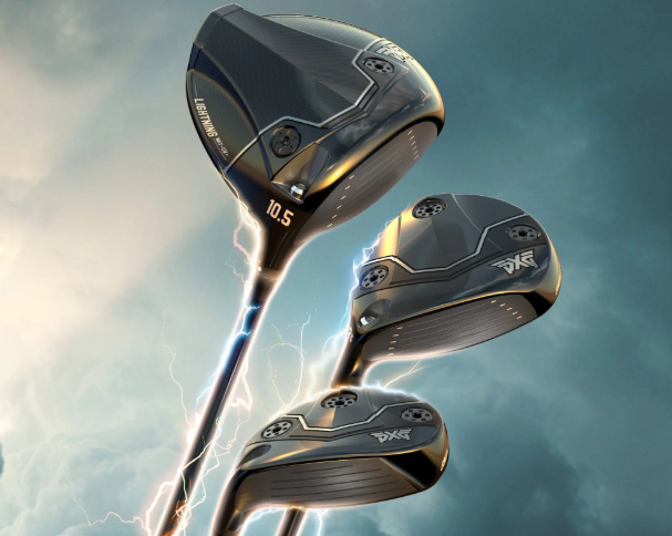 Black and white photo of a golfer mid-swing on a course. TaylorMade logo at the top. 