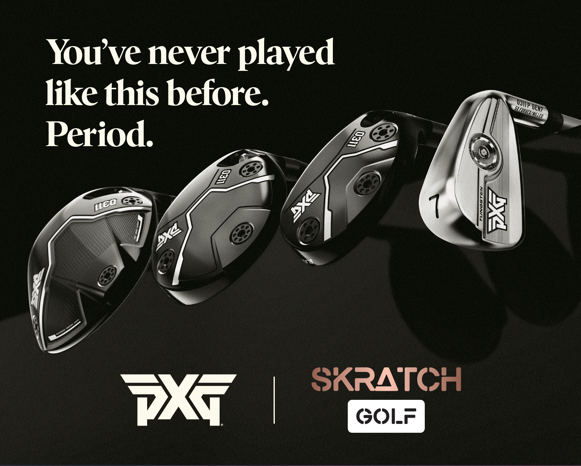 Golf club heads in monochrome against a dark backdrop with text