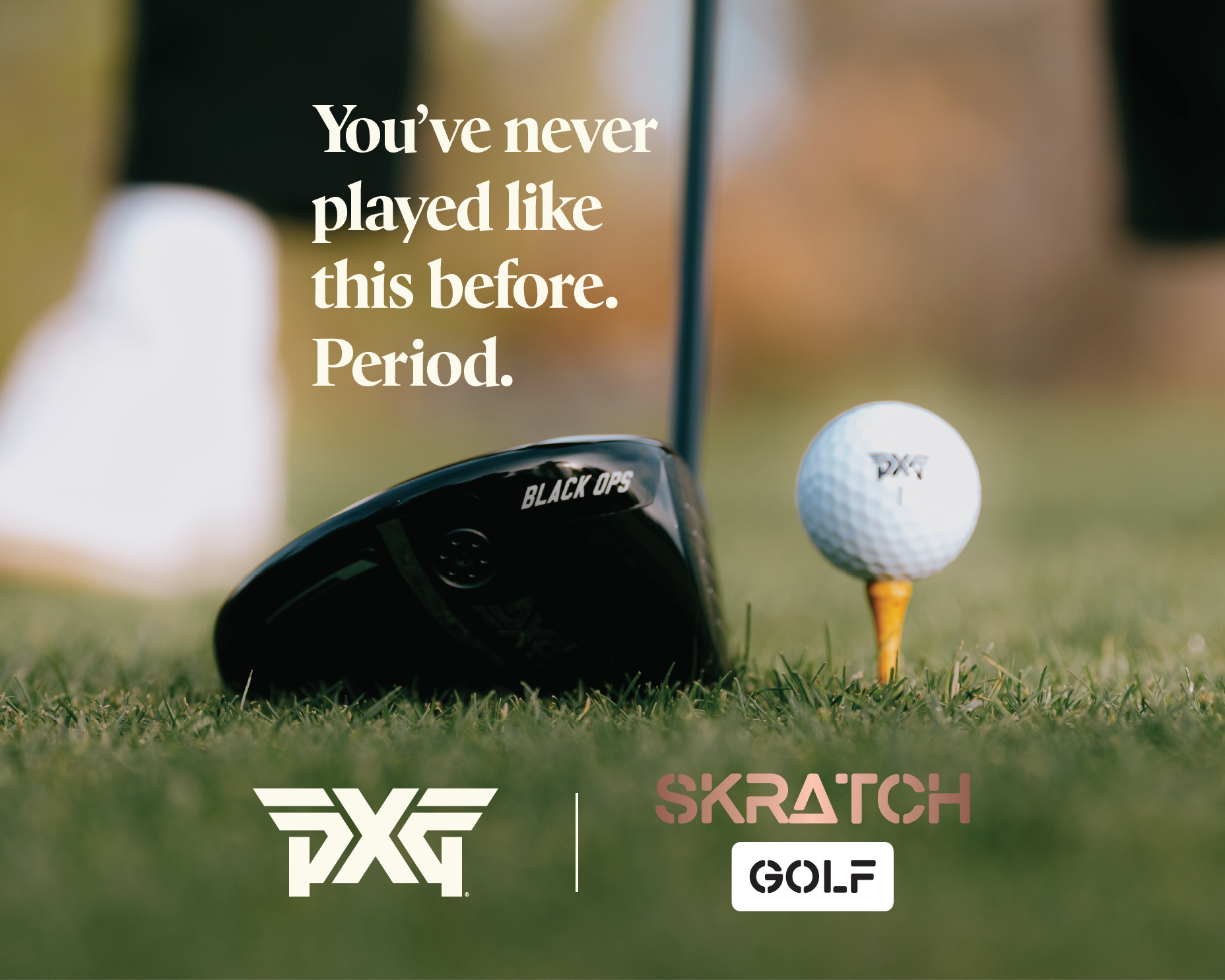 Close-up of a golf club and ball on a tee. Text: